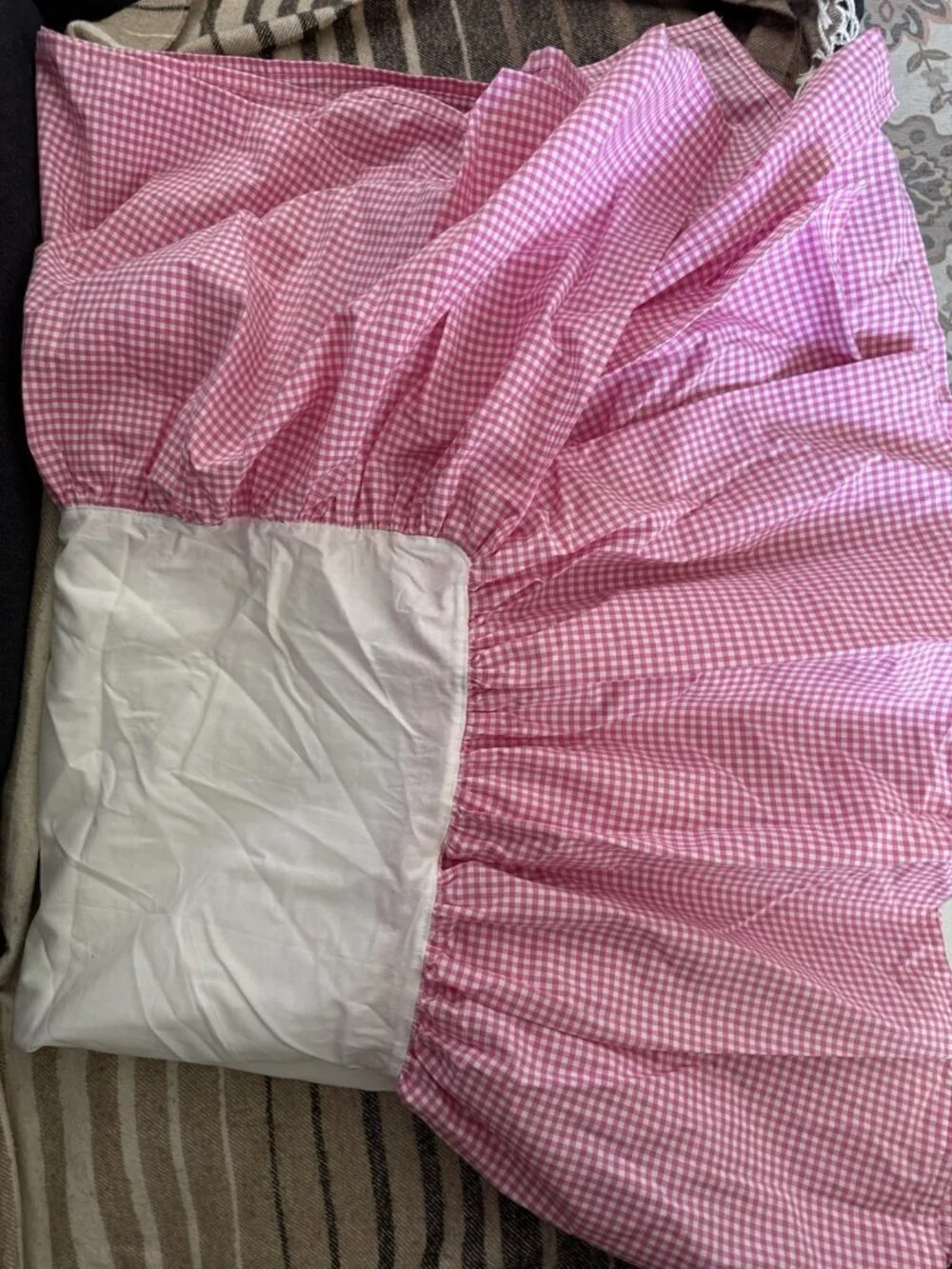 Pottery Barn Kids Pink Full Deux Places Cotton Gingham Ruffle Bed Skirt Farmhous